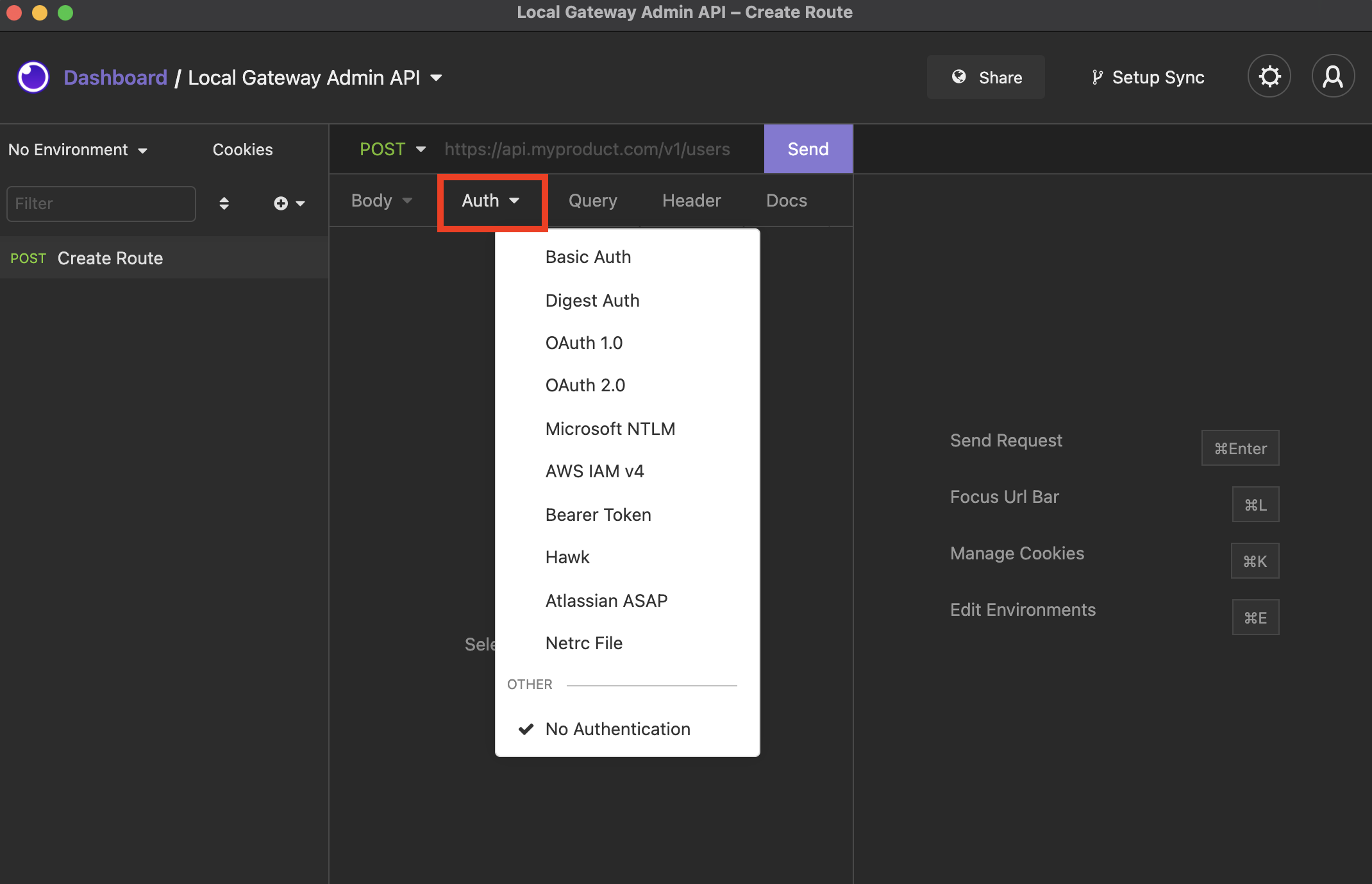 The Auth dropdown menu shows all of the built-in authentication types.